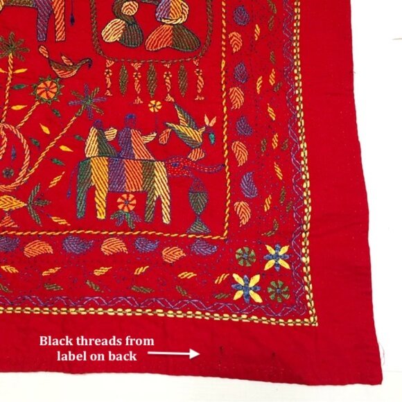 Elephant Embroidered Red Aarong Bangladesh Fabric Folk Art Textile Tapestry - Picture 6 of 11